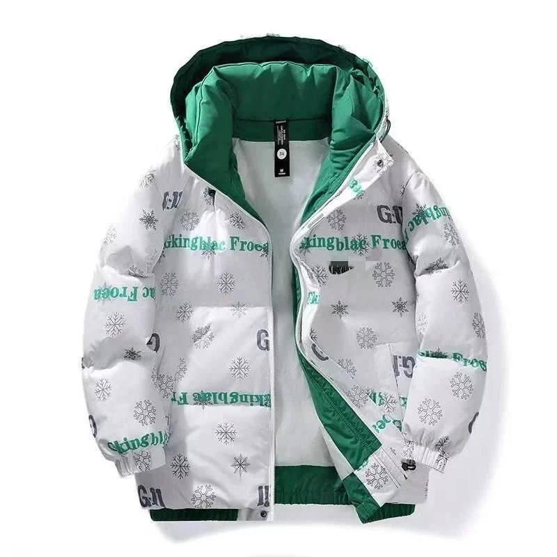Kingblac Frost Puffer Jacket White Green Snowflake Print Down-Jacket - 1