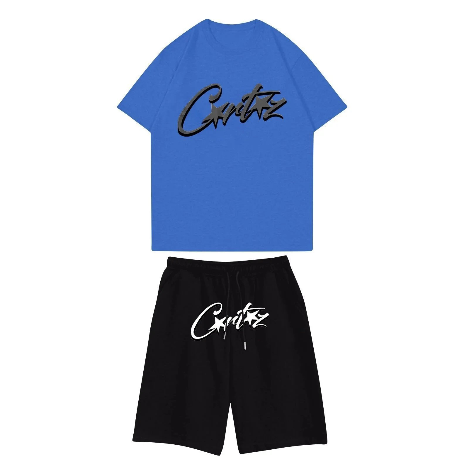 Corteiz Script Logo Set Blue T-Shirt and Black Shorts - 1