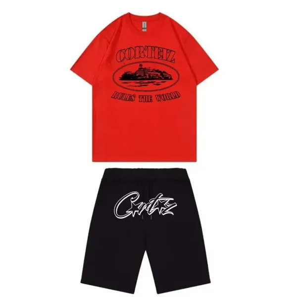 Corteiz Rules The World Graphic T-Shirt and Logo Shorts Set Red/Black - 1