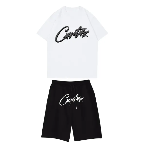 Corteiz Script Logo Set White T-Shirt and Black Shorts - 1