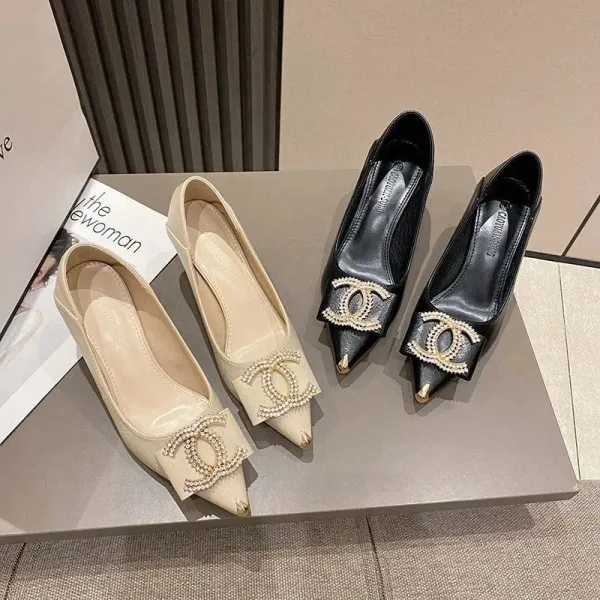 Chanel-inspired Pointed-Toe Stiletto Heels with CC Buckle Black Heels - 5