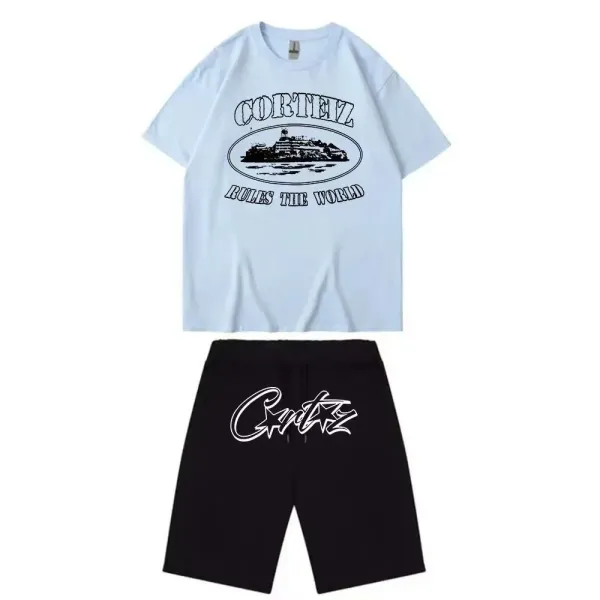 Corteiz Rules The World Graphic T-Shirt and Star Logo Shorts Set White/Black - 7