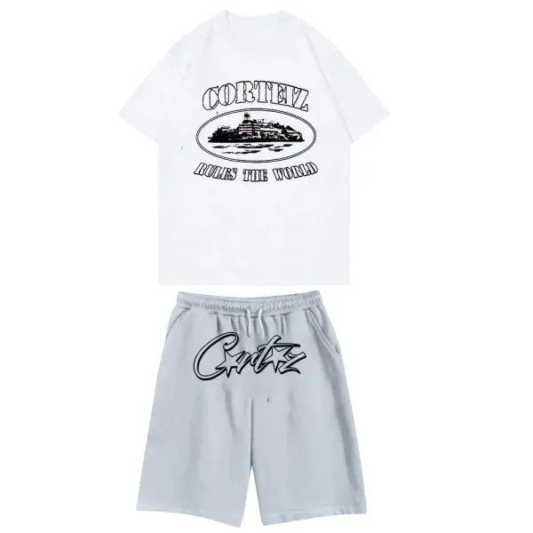 Corteiz Rules The World Graphic T-Shirt and Script Logo Shorts Set White/Gray - 1