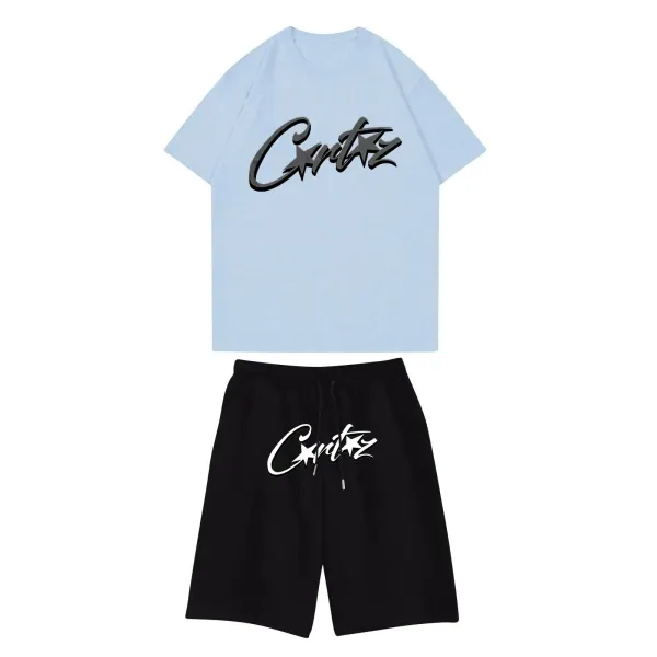 Corteiz Script Logo Set Light Blue T-Shirt and Black Shorts - 1