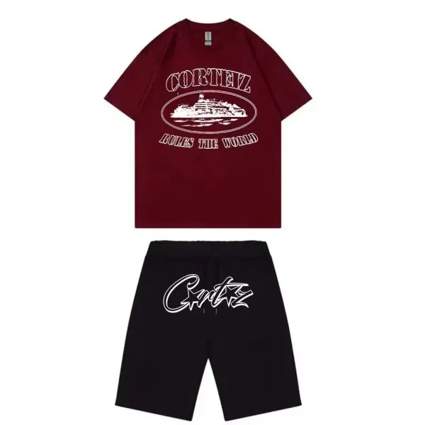 Corteiz Rules The World Burgundy T-Shirt and Corteiz Script Black Shorts Set - 1