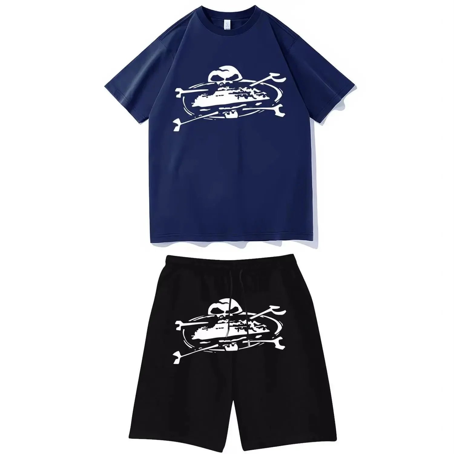Philipp Plein Skull & Crossbones Print Navy T-Shirt and Black Shorts Set - 1