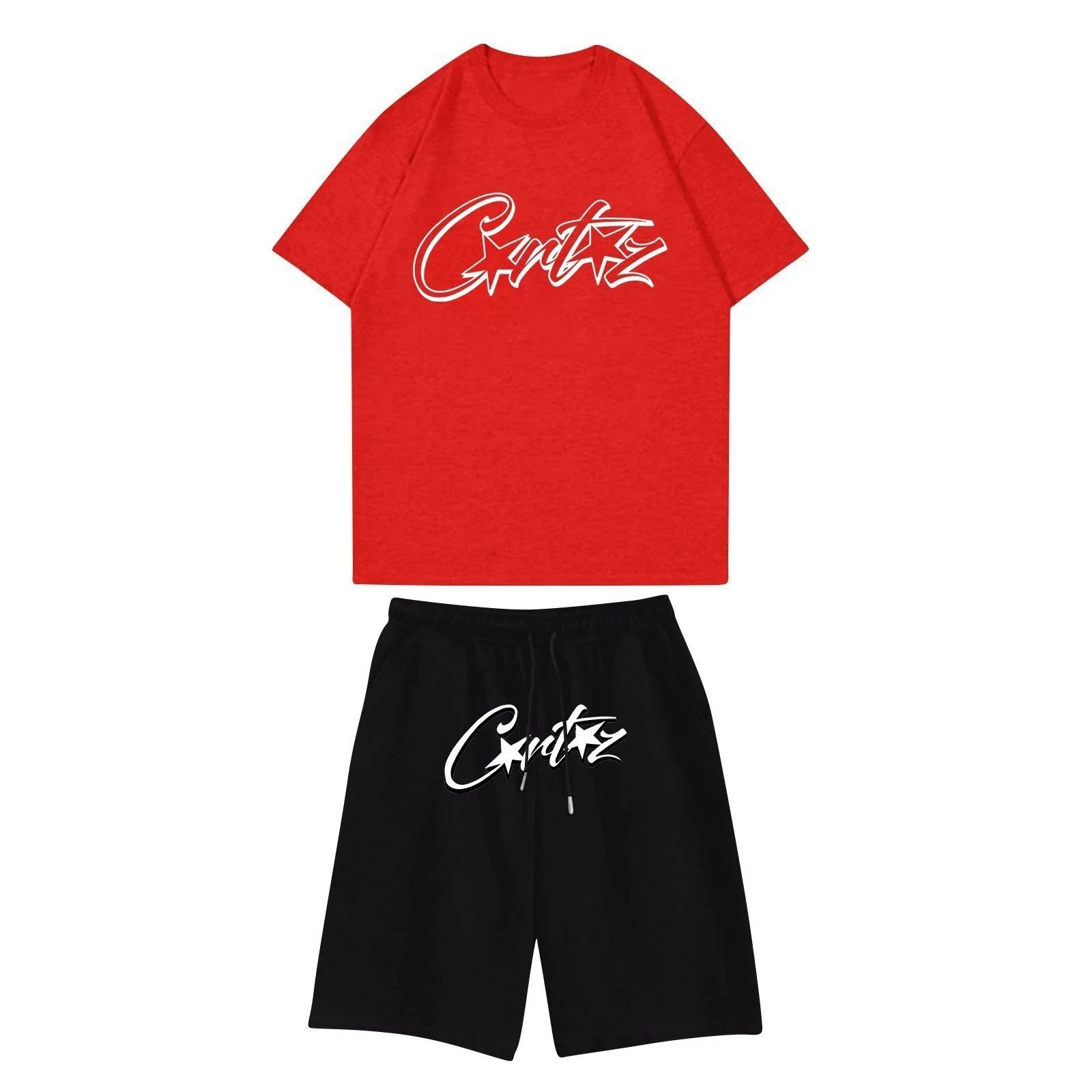 Corteiz Script Logo Red T-Shirt and Black Shorts Set - 1