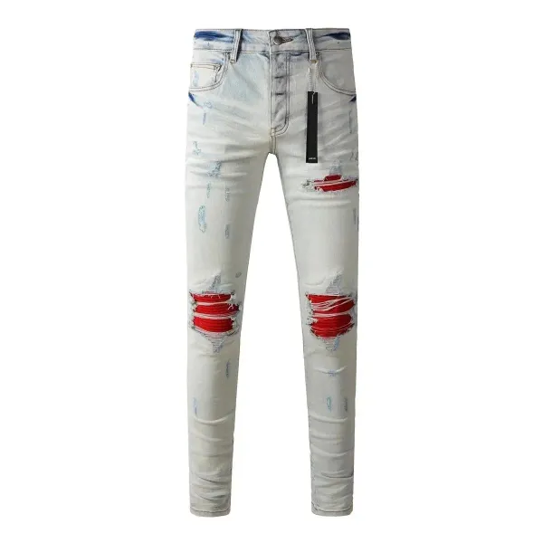 Amiri Distressed Red-Panel Skinny Jeans - 1