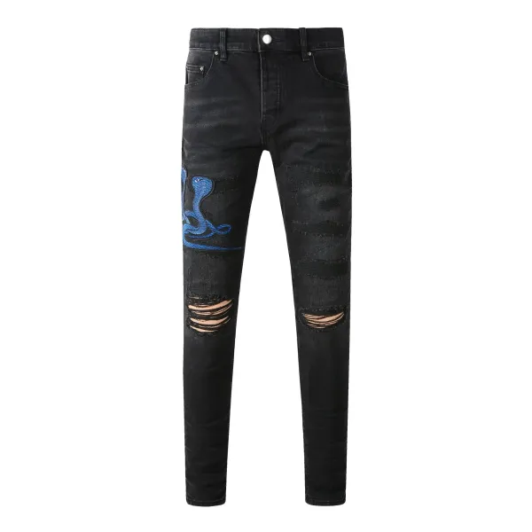 Philipp Plein Snake Embroidery Distressed Black Jeans - 1