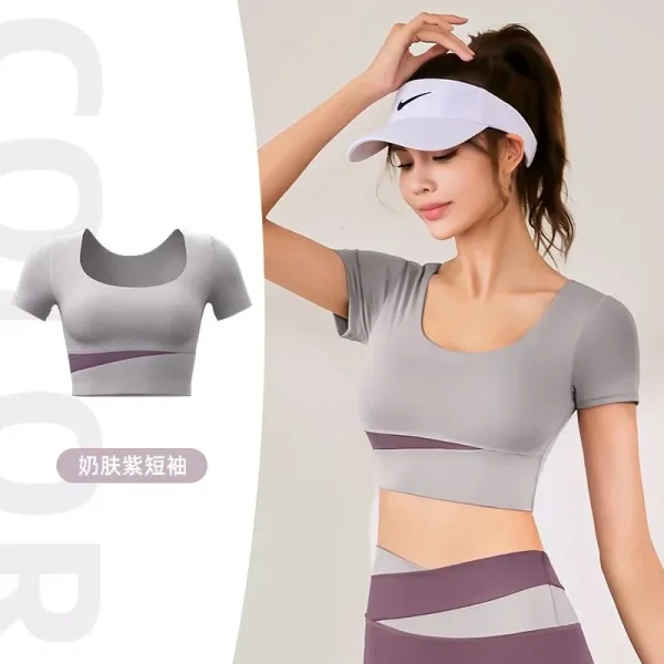 Nike Visor + Activewear Set in Gray and Purple Short-Sleeve Crop Top - 1