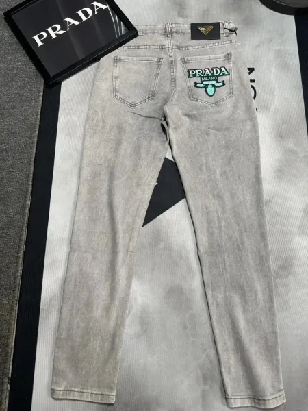 Prada Logo-Embroidered Acid Wash Gray Jeans - 1