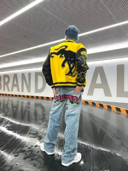 Louis Vuitton x Virgil Abloh Monogram Graffiti Print Denim Jeans and Yellow Panther Patch Bomber Jacket - 1
