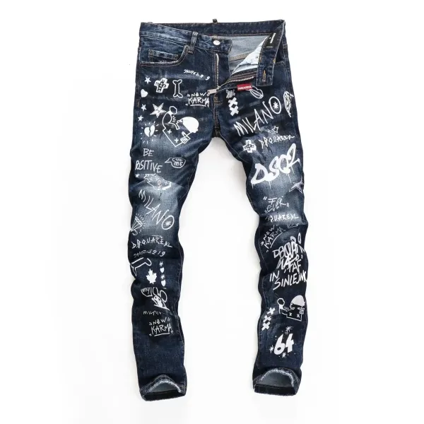 Dsquared2 Graffiti Print Slim Fit Dark Wash Jeans - 1