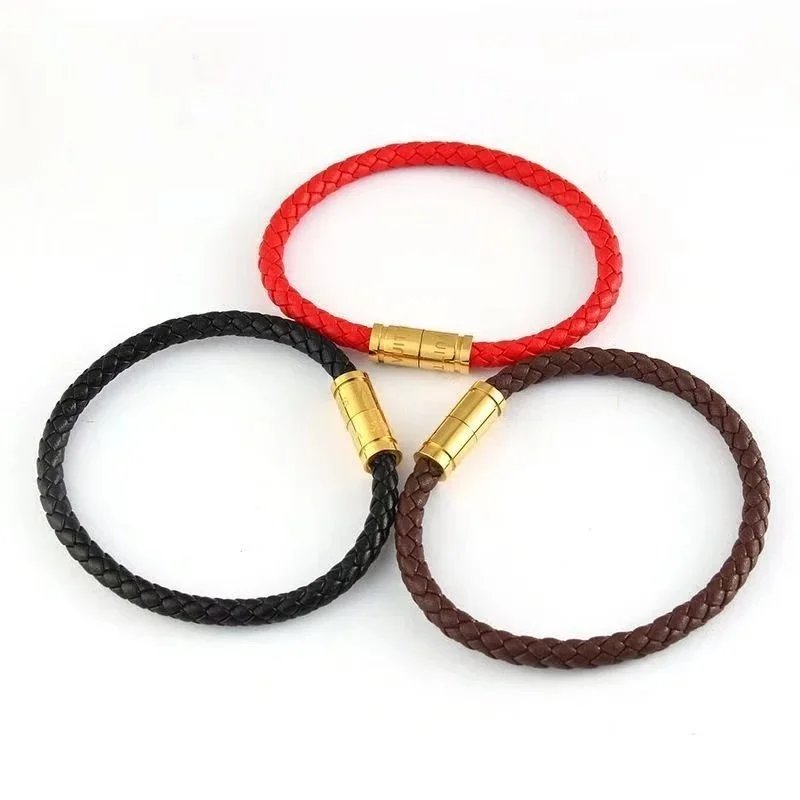 Design Braided Leather Bracelet with Gold Magnetic Clasp Black Bracelet - 3
