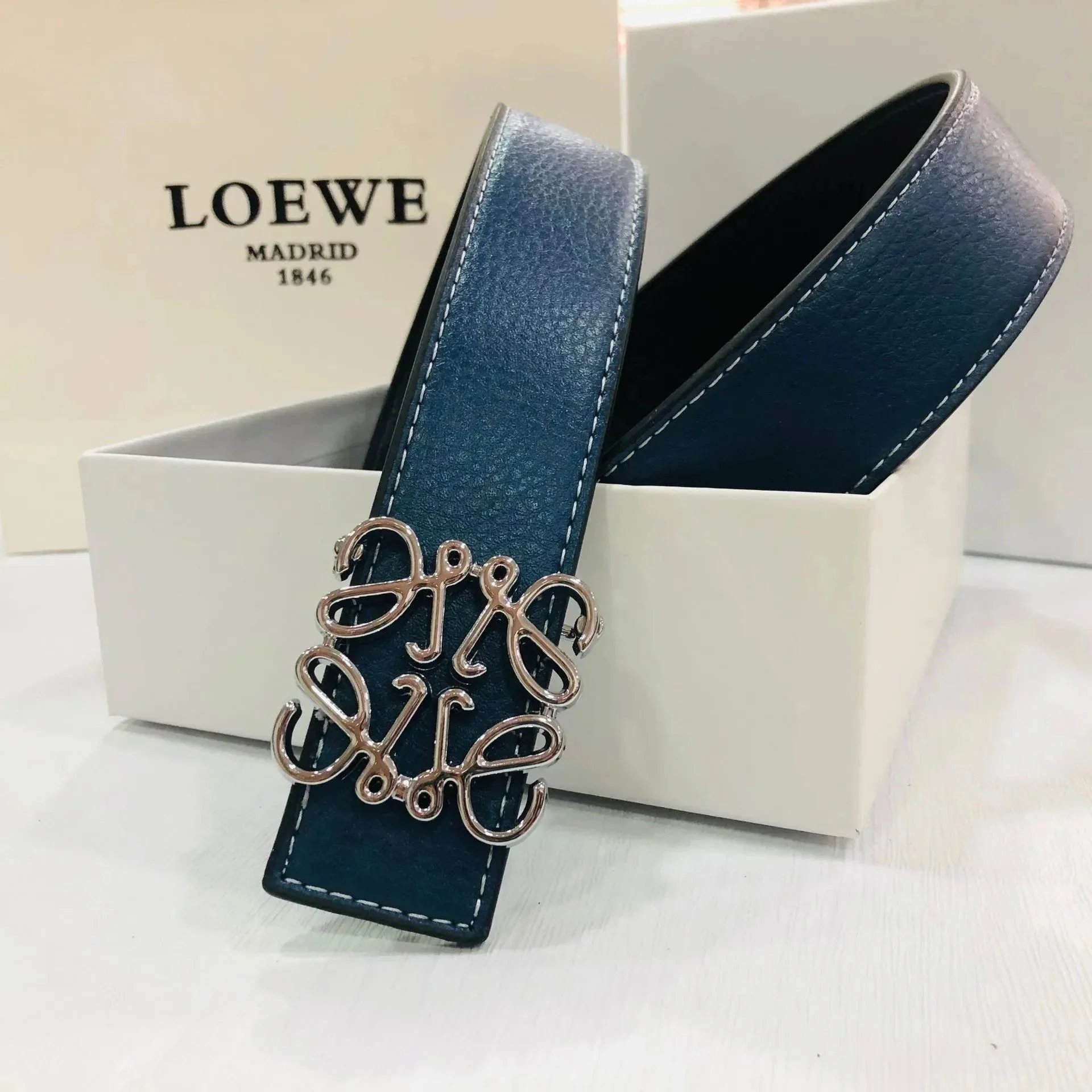 Loewe Anagram Belt Navy Blue Leather Belt - 6