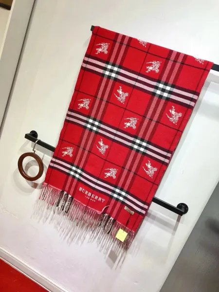 Burberry Classic Check Equestrian Knight Scarf Red Cashmere Scarf - 1