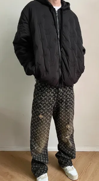 Louis Vuitton Monogram Quilted Puffer Jacket Black + Monogram Distressed Pants Multicolor Sneakers - 1