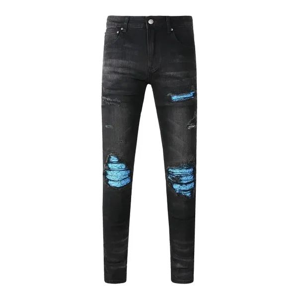 Amiri Distressed Black Jeans with Blue Lining - 1