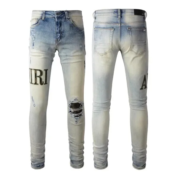 Amiri Distressed Logo Print Slim Fit Light Wash Jeans - 1