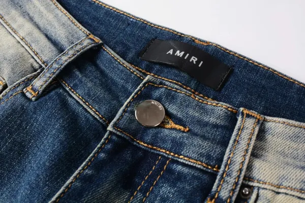 Amiri Distressed Logo Print Slim Fit Blue Jeans - 10