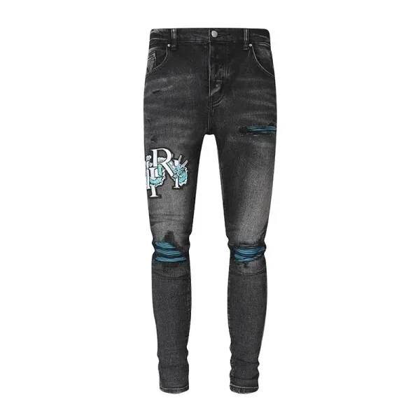 R13 Distressed Black Denim Jeans with Teal Embroidery - 1