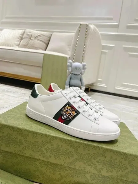 Gucci Ace Tiger Embroidered White Leather Sneakers - 1