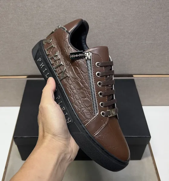 Philipp Plein Zip Detail Croc-Embossed Brown Sneakers - 10