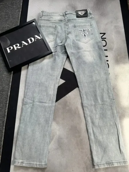 Prada Logo-Embroidered Light Wash Jeans - 1