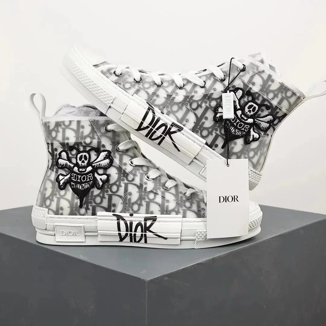 Dior B23 High-Top Sneakers White/Gray Skull Embroidery Sneakers - 1