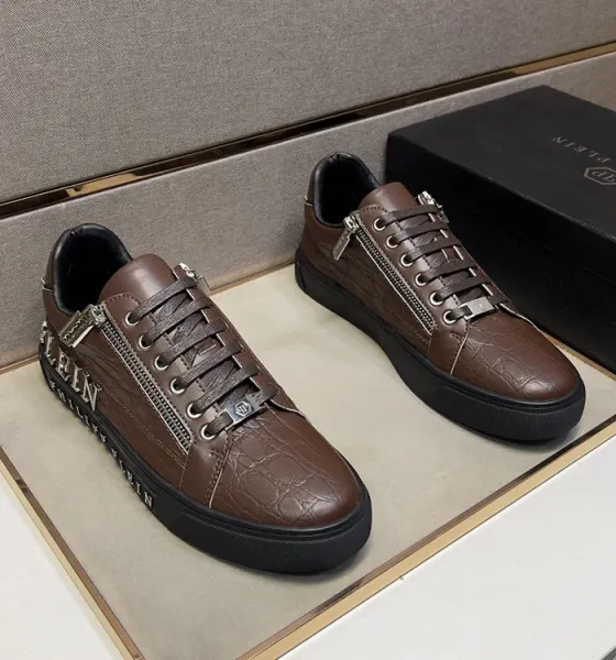 Philipp Plein Zip Detail Croc-Embossed Brown Sneakers - 9