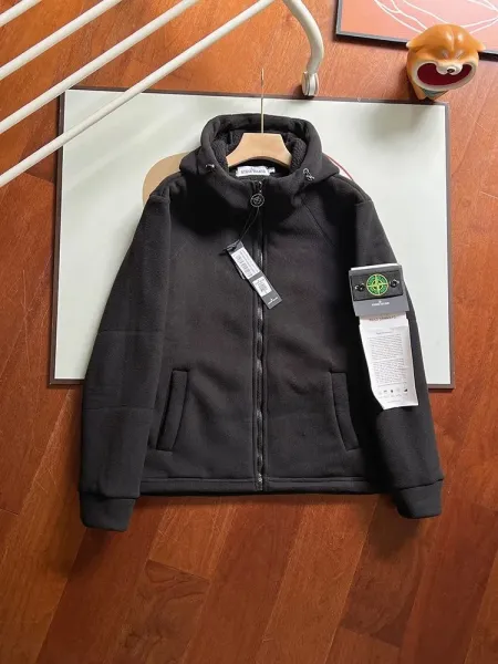 Stone Island Fleece Hooded Jacket Black Outerwear - 1