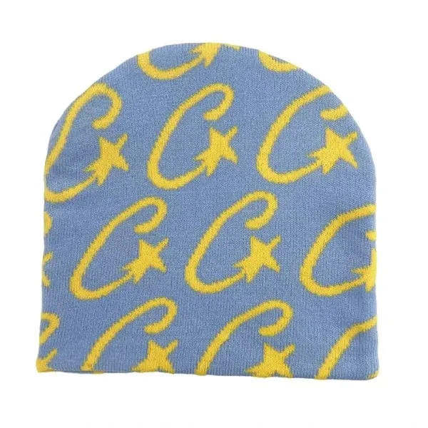 Design Graphic Print Blue Beanie with Yellow Star Motif - 1