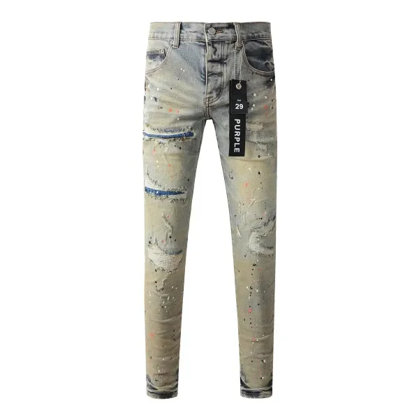 Purple x Unknown Artist Distressed Paint-Splatter Slim Fit Jeans - 1