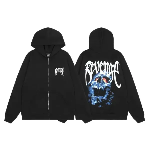 Revenge x Digital Pionker Skull Graphic Zip-Up Hoodie Black - 4