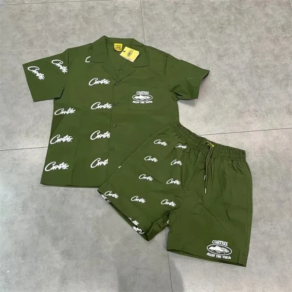 Corteiz All Over Print Olive Green Short-Sleeve Shirt and Shorts Set - 1