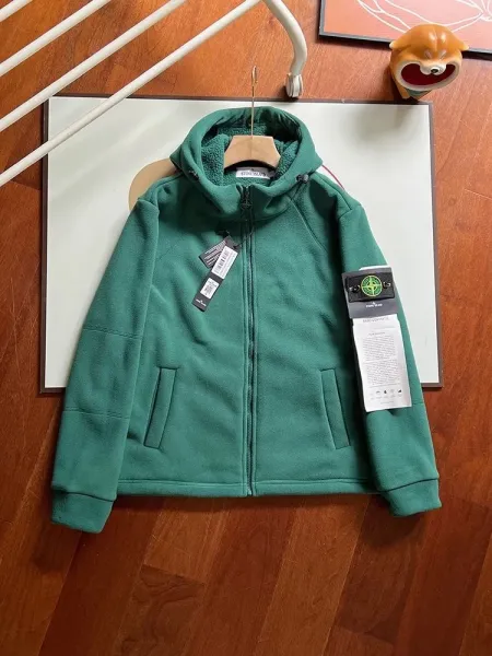 Stone Island Fleece Hooded Jacket Army Green Outerwear - 1