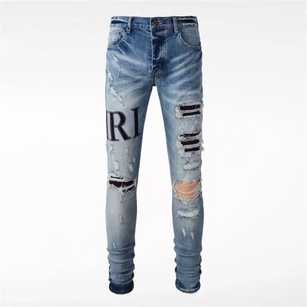 Amiri Distressed Logo Print Slim Fit Blue Jeans - 1