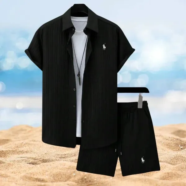 Ralph Lauren Polo Black Textured Short-Sleeve Shirt and Shorts Set - 1