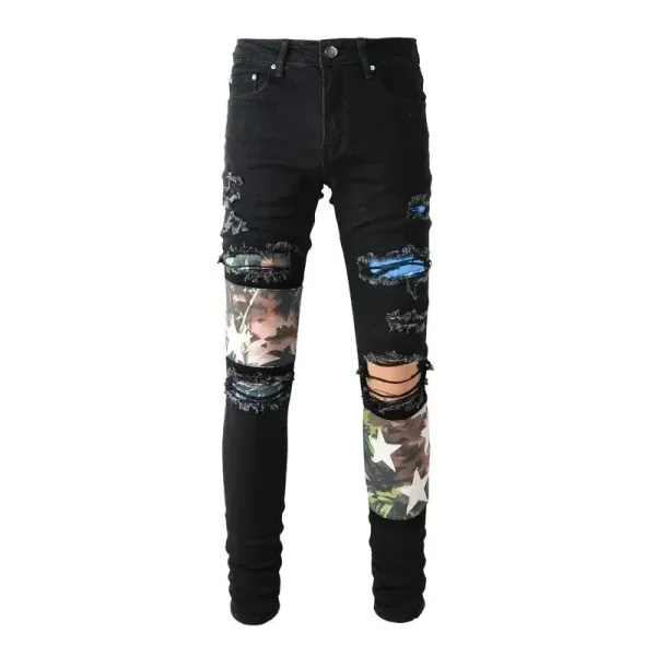 Distressed Printed Patchwork Black Jeans - 1