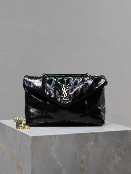 Saint Laurent Loulou Small Crinkled Patent Leather Black Chain Bag - 1