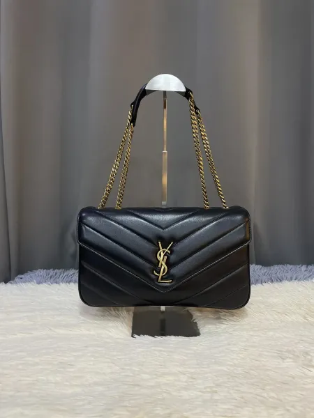 Saint Laurent Loulou Medium Black Chevron-Quilted Chain Shoulder Bag - 1