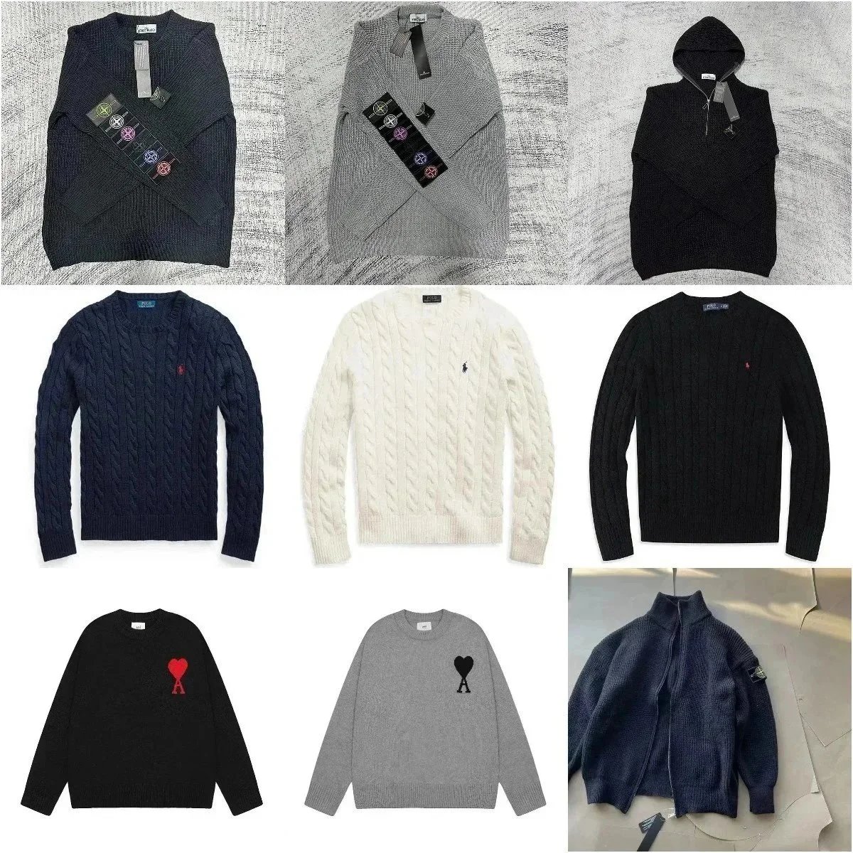Stone Island Black Hoodie, Ralph Lauren Cable Knit Sweaters, Ami Heart Logo Pullovers