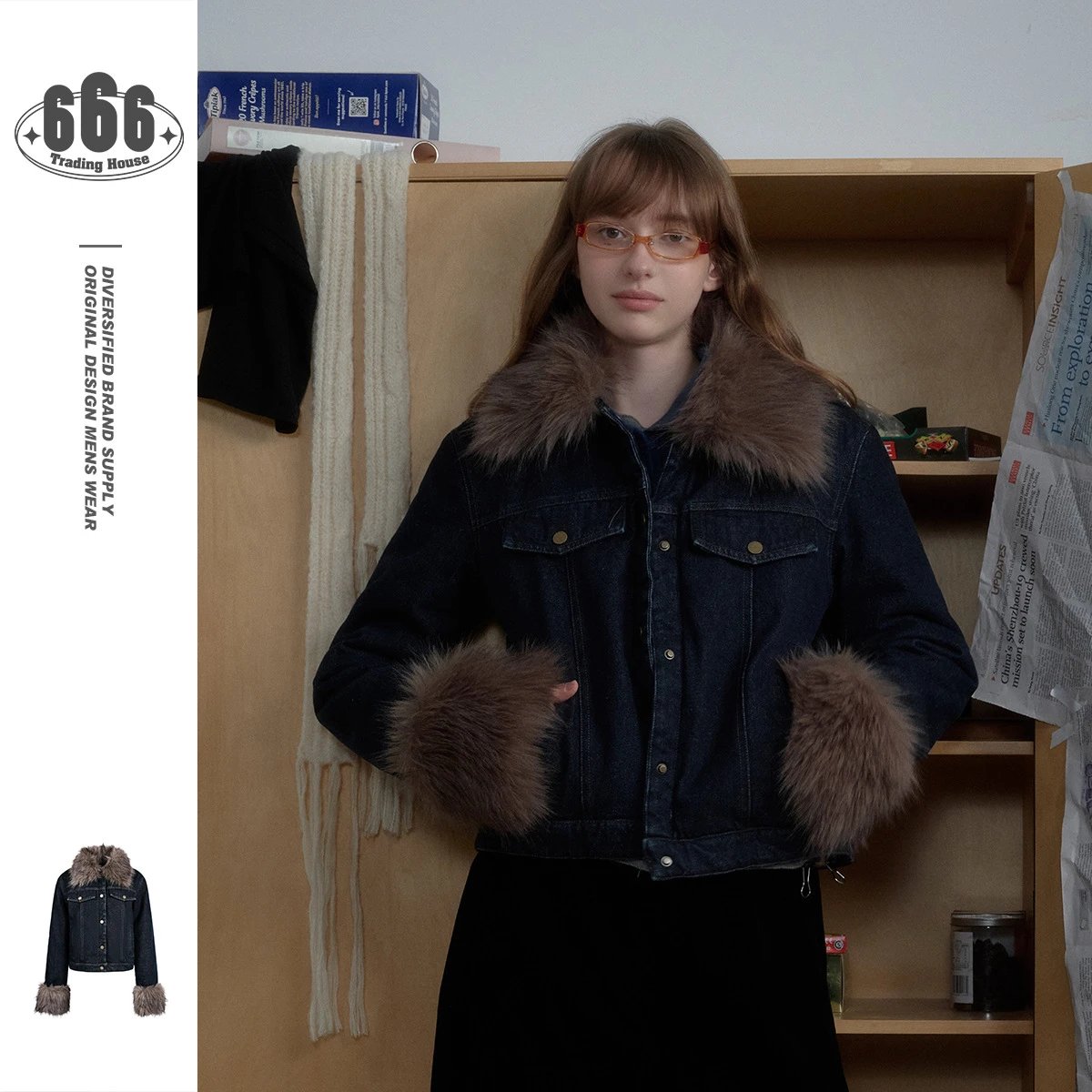 Staffpick Fur Collar Denim Jacket Dark Blue