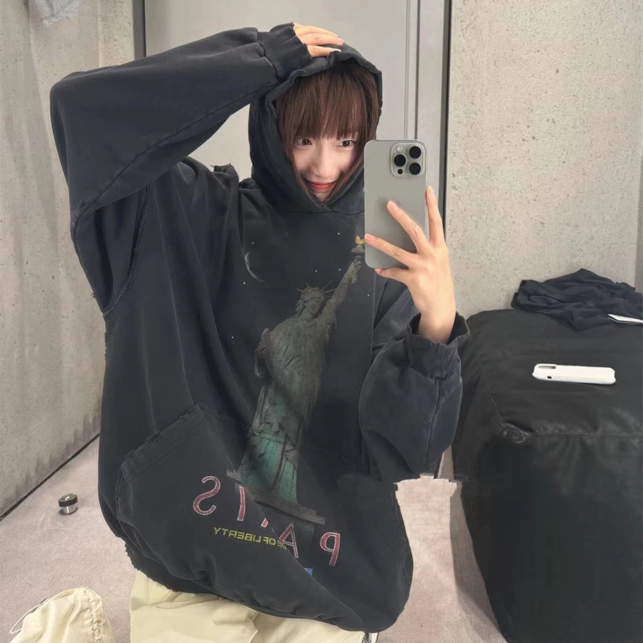 Balenciaga Paris Distressed Hoodie Black