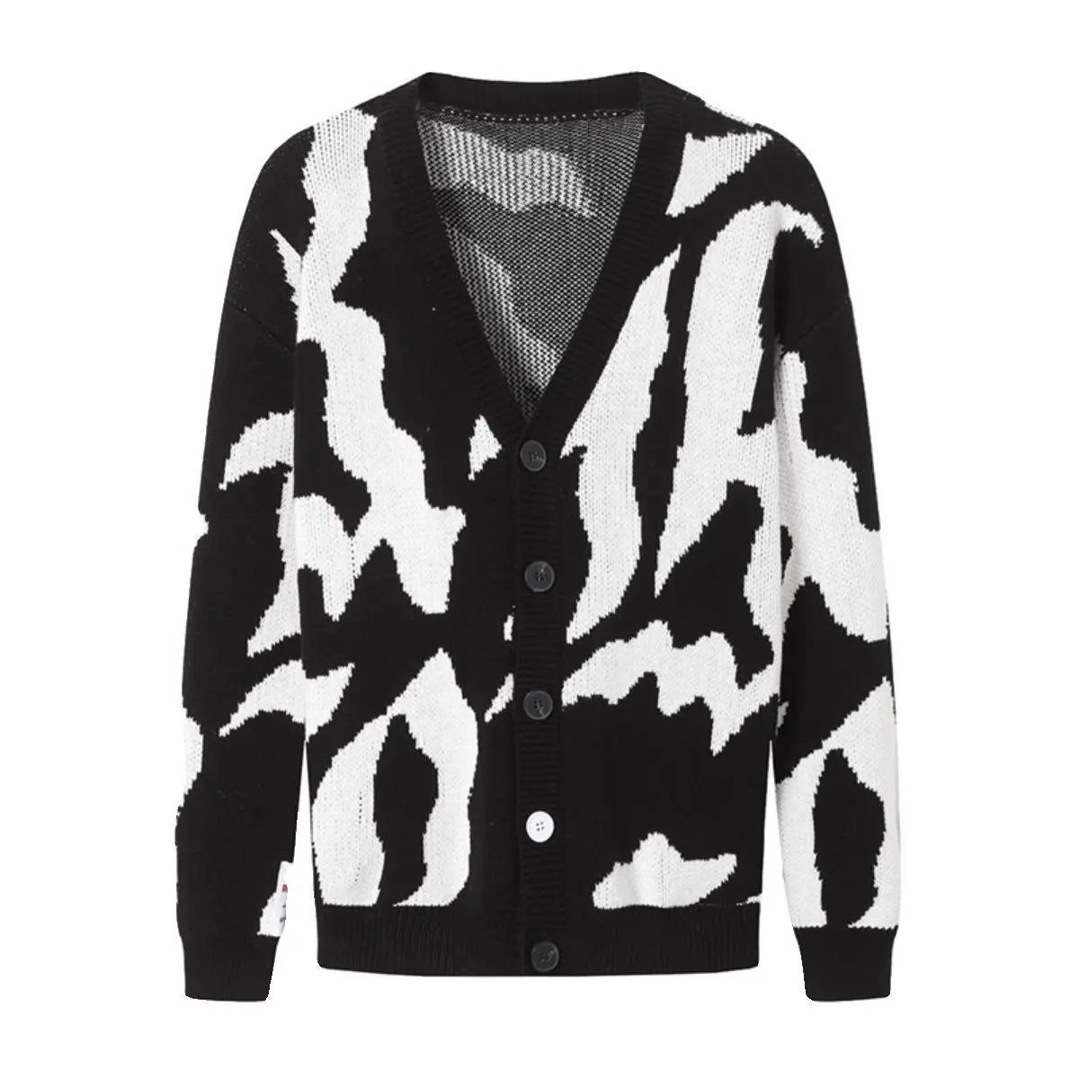 RRR123 Jacquard V-Neck Knit Cardigan Black/White