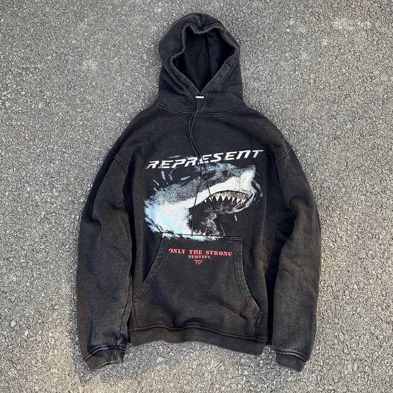 Represent Shark Washed Hoodie Black