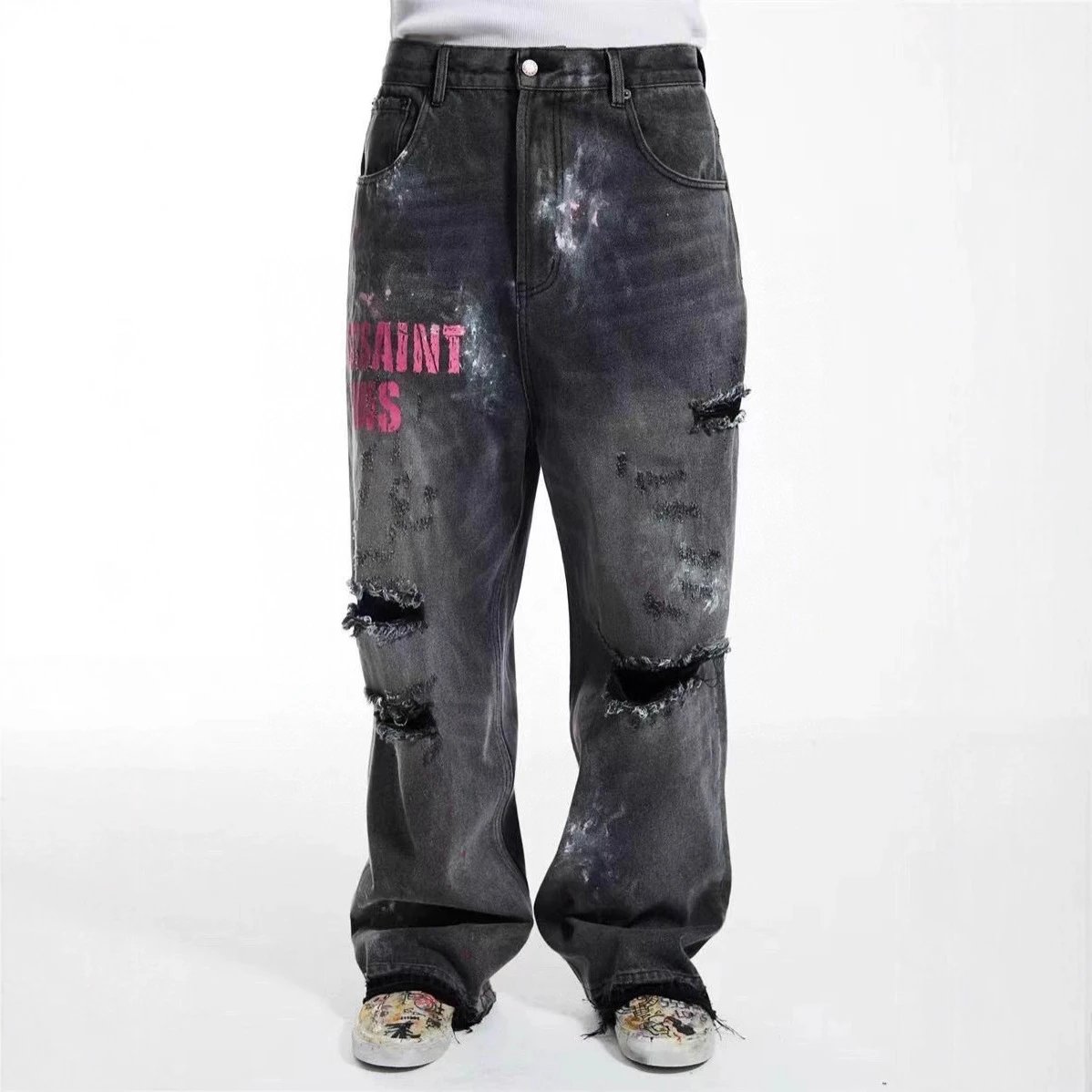 Sssaint Louis Distressed Ripped Straight-Leg Denim Jeans Black