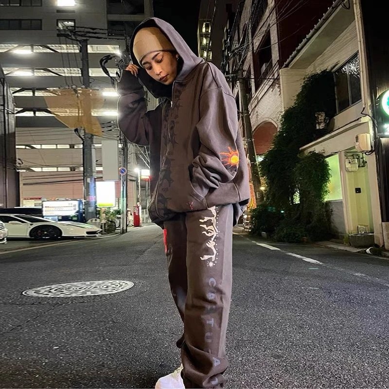 Travis Scott Sun Embroidered Fleece Zip Hoodie Brown