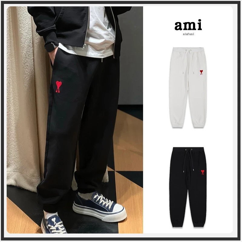 Ami Heart Embroidered Straight-Leg Sweatpants Black