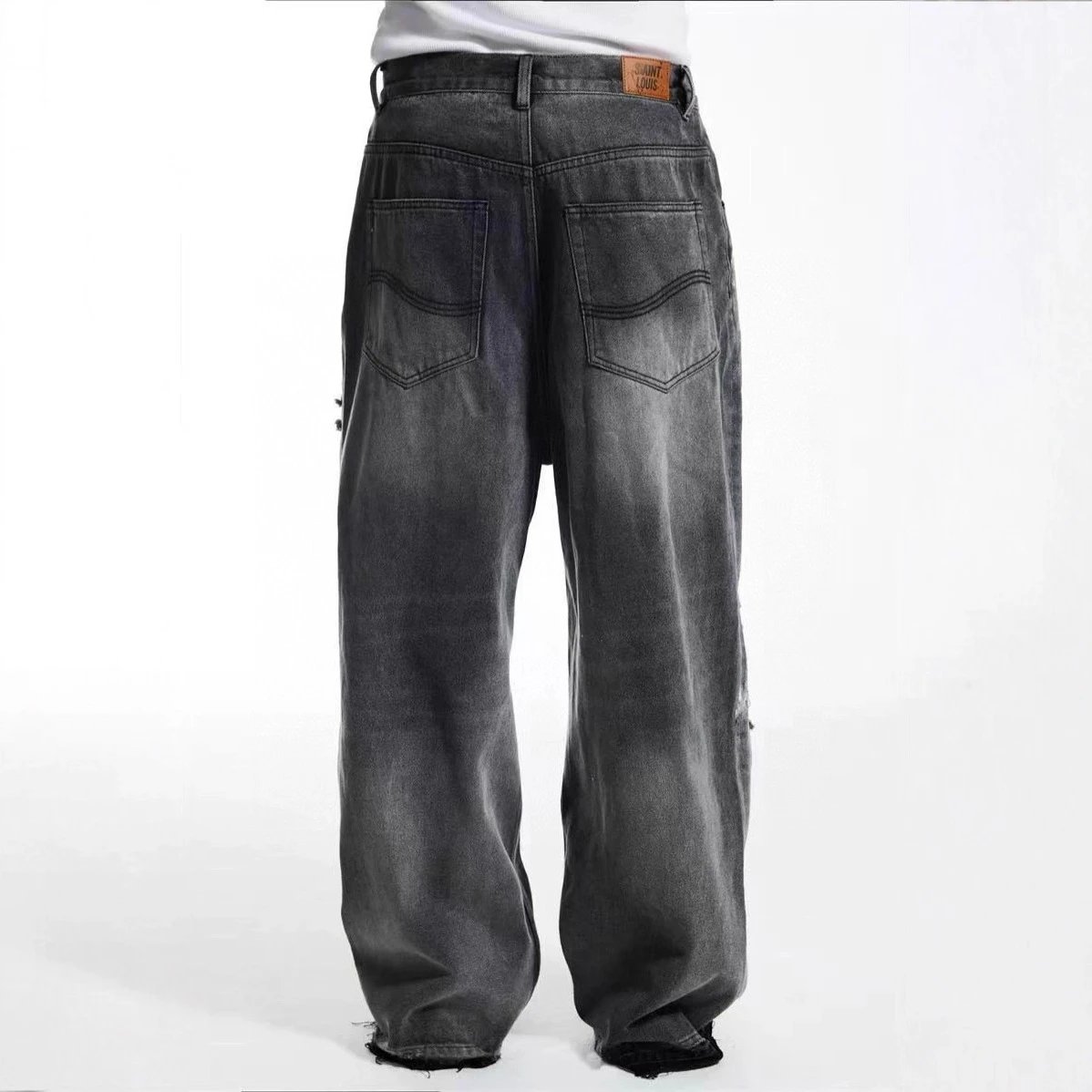 Sssaint Louis Distressed Ripped Straight-Leg Denim Jeans Black